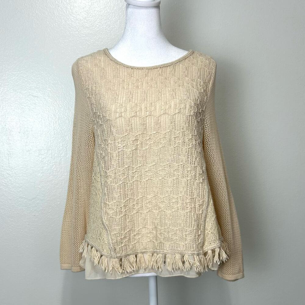 Chico's Sweater Small Textured Cream Lace FLAW Beaded Fall Crochet Boho